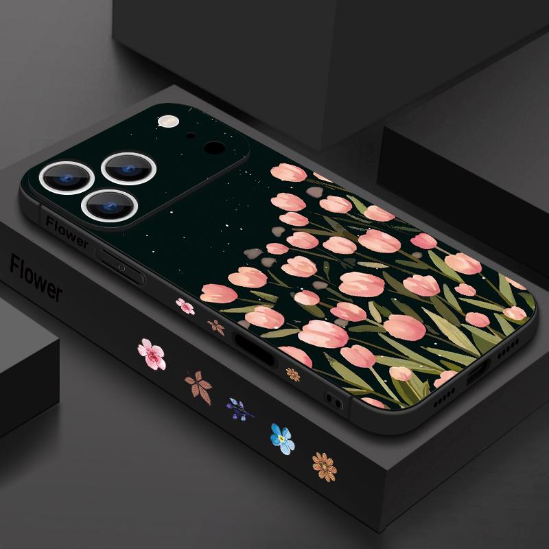 Ремешок-шнурок на запястье Чехол из ТПУ для телефона Для iPhone 17 16 15 Pro Max 13 14 Pro Max 17e 16e 11 Черный с рисунком Роза Мягкий силиконовый чехол
