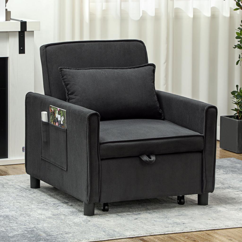 Reclining Sofa Bed Armchair with Side Pockets, in Velvet-Effect Fabric, 74x84x81 cm, Dark Grey