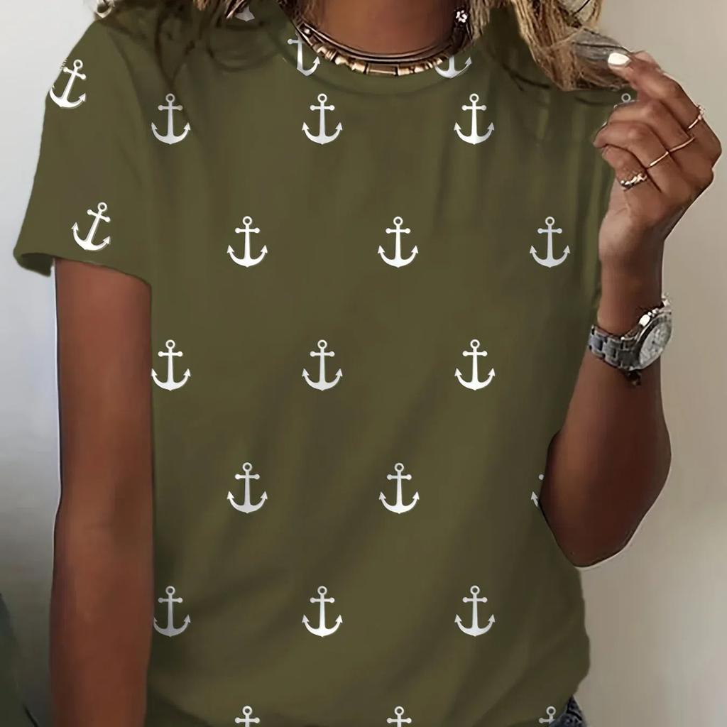 2024 новая стильная футболка для женщин, топ с принтом якоря, летние футболки большого размера для женской одежды, женская мода с круглым вырезом, большие размеры