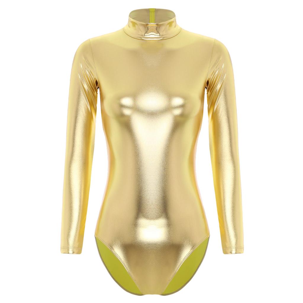 Женский блестящий спортивный купальник металлик, боди с длинным рукавом, облегающие узкие колготки, цельный комбинезон Rave Disco Party Performance