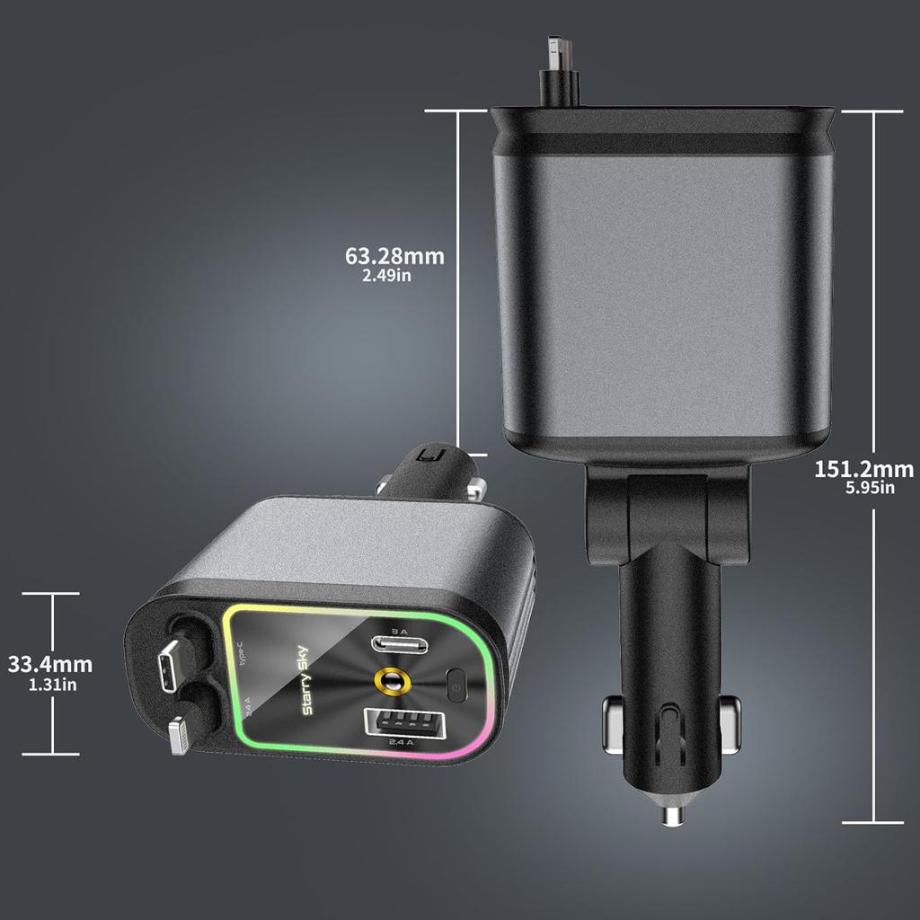 Автомобильное зарядное устройство 4 в 1 с многофункциональным двойным выдвижным кабелем для автоматической укладки и зарядки и проекционным светом «Звездное небо» сверху