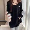 Black Pure Cotton Slit Long-sleeved T-shirt for Women In Autumn and Winter with Large Neckline, Loose Mid-length and Butt-covering Clothes