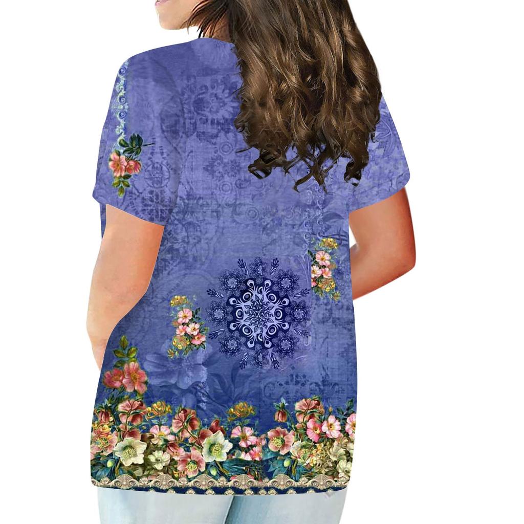 Women's Short Sleeve Shirt Button Plus Size T-Shirt Flower Printed Casual Tops