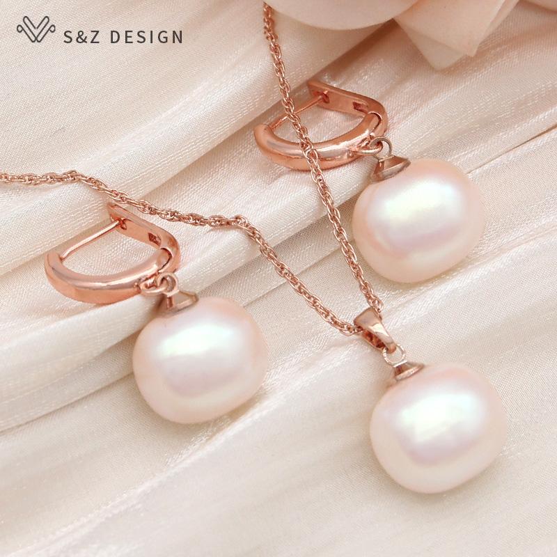 Fashion Round Rectangle Simulated-pearl Bead Drop Earrings Jewelry Sets For Women Rose Gold Color Necklace