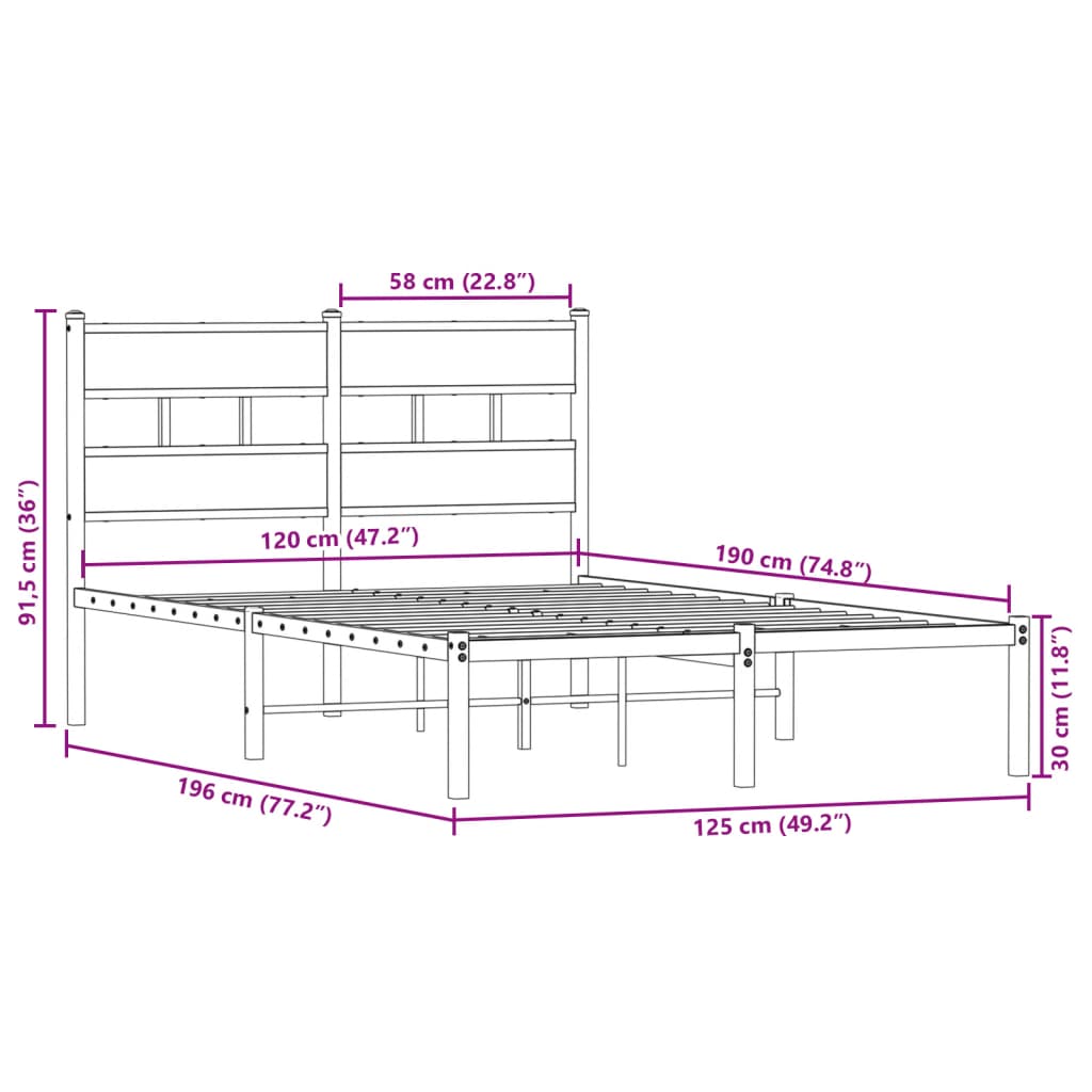 Metal Bed Frame without Mattress Sonoma Oak Finish 120 x 190 cm
