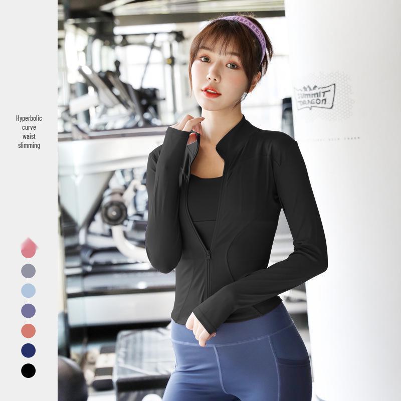Персиковая фитнес-куртка: Быстросохнущий спортивный топ с длинным рукавом и молнией, со стойкой воротником, для йоги весной и осенью