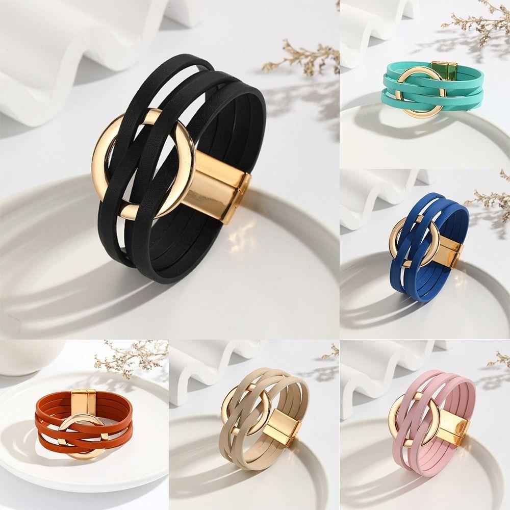 Leather Surface Leather Bracelets Adjustable Wrap Closure Hollow Circle Bracelet For Women