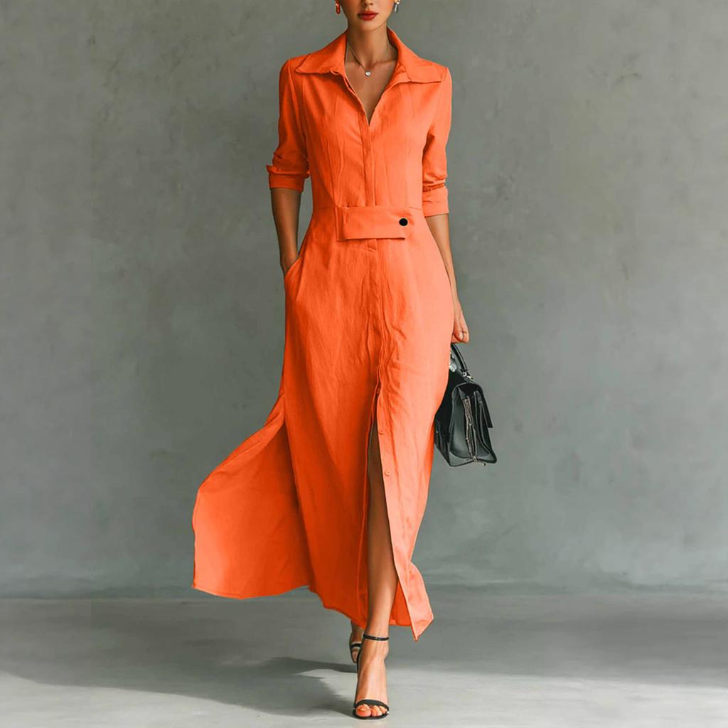 Женское модное цветное лацканами с длинным рукавом с разрезом по подолу повседневное платье-рубашка