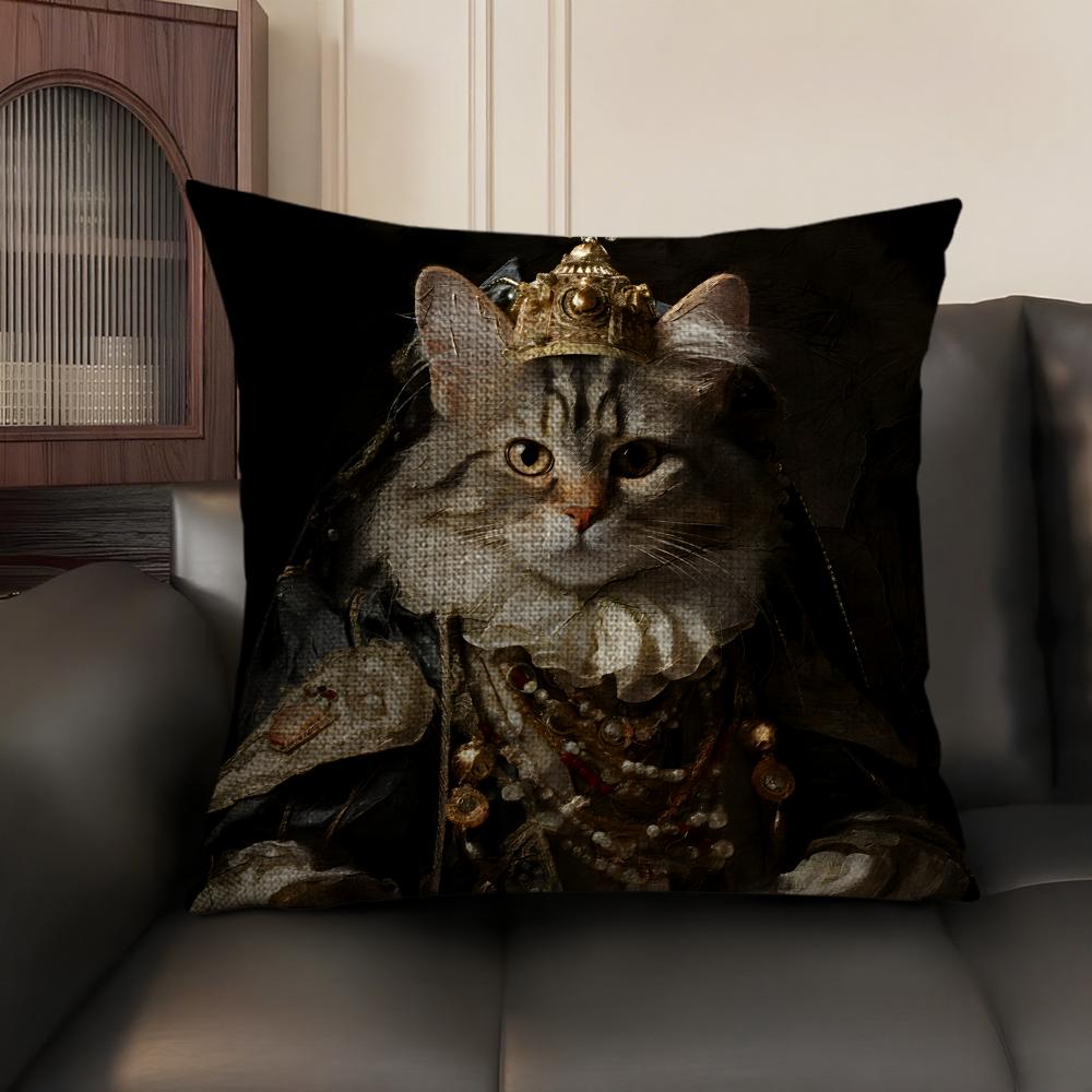 Renaissance Royal Cat Cushion Cover Natural Linen Organic Fabric DoubleSided Printing Sofa Home Decor Gift Pillow Case