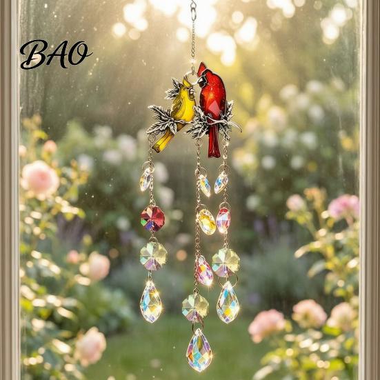 Colorful Light Catching Decor Cardinals Faux Crystals Suncatcher, Hanging Sun Catcher for Windows, Bird Wind Unique Home Gift Chimes with Chain, Prism