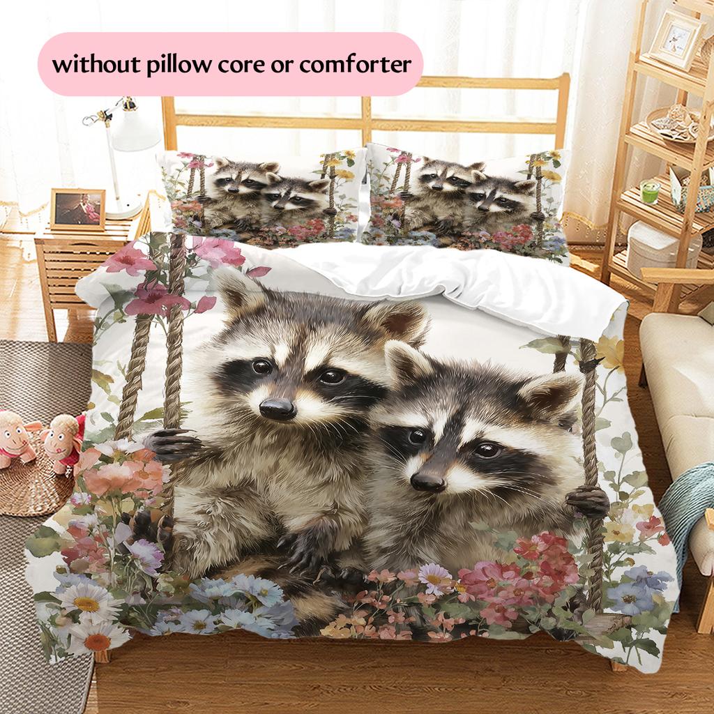 Raccoon and Flowers Pattern Bedding Home Decoration Birthday Gift (1 * duvet cover + 2 * pillowcase, without core)