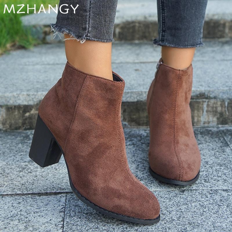 Женские замшевые ботильоны Элегантные туфли на высоком каблуке Женская мода 2025 года, модные зимние туфли в стиле ретро, зимние ботинки челси Mujer