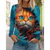 Круглый вырез с принтом 3D Cat Top Модные повседневные длинные рукава женские футболки