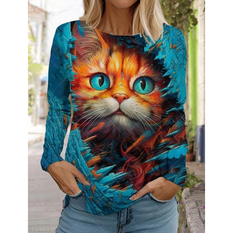 Круглый вырез с принтом 3D Cat Top Модные повседневные длинные рукава женские футболки