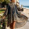 Lantern Sleeve Dress Boho Floral Print High Neck Irregular Chiffon Mini for Women, Puff Long Flowy Party Cocktail Dress, Summer Beach Vacation
