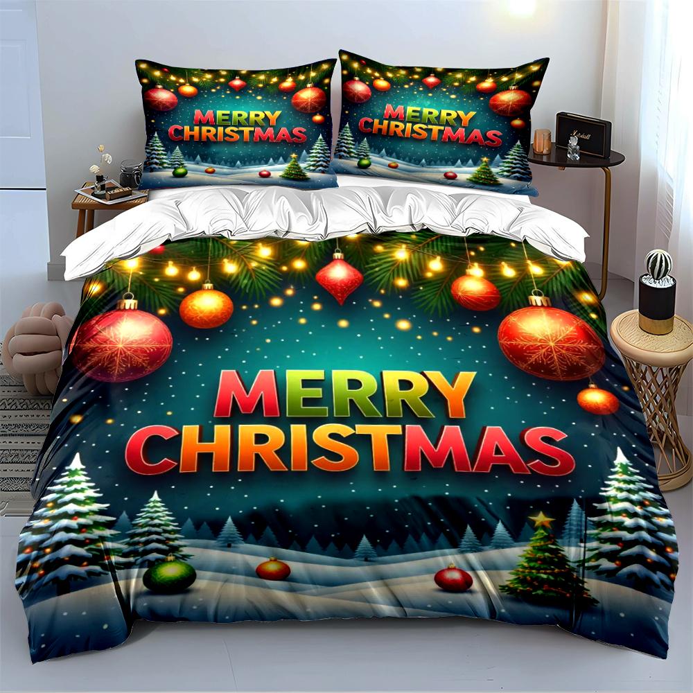 Christmas tree and ornaments pattern bedding set (1 duvet cover, 2 pillowcases, duvet not included)