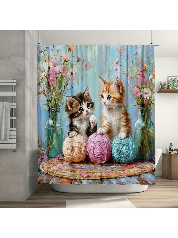 1 шт. Очаровательный котенок, играющий с пряжей, занавеска для душа, прочный полиэстер, милые кошки и цветочный дизайн, для декора ванной комнаты и окна