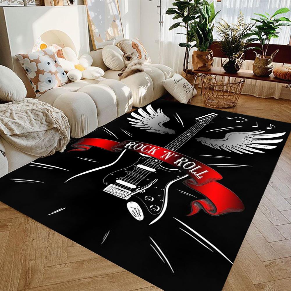 Guitar-Themed Carpet for Living Room Bedrooms Large Flannel Area Rug for Drum Kit Room Anti-slip Floor Mat Washable