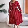 GMXIA Autumn and Winter Elegant Contrasting Polka Dot Cross V-neck Pleated Long Dress Women's Wear