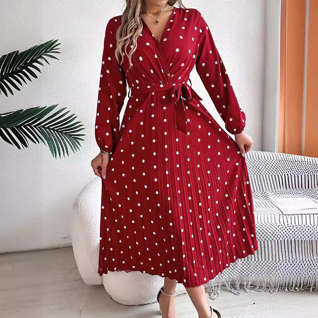 GMXIA Autumn and Winter Elegant Contrasting Polka Dot Cross V-neck Pleated Long Dress Women's Wear