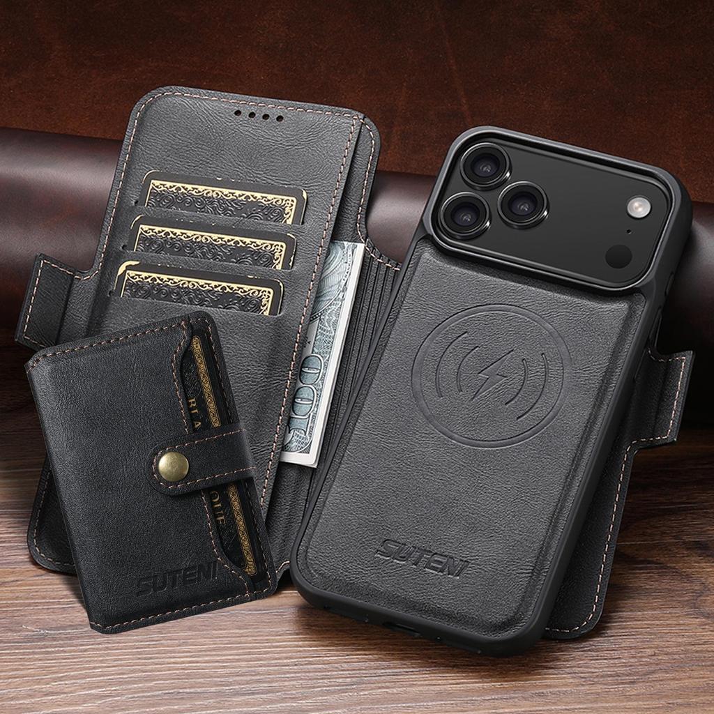 iPhone 17 Pro Max Leather Flip Case: Card Slot, Magnetic, Wireless Charging Stand