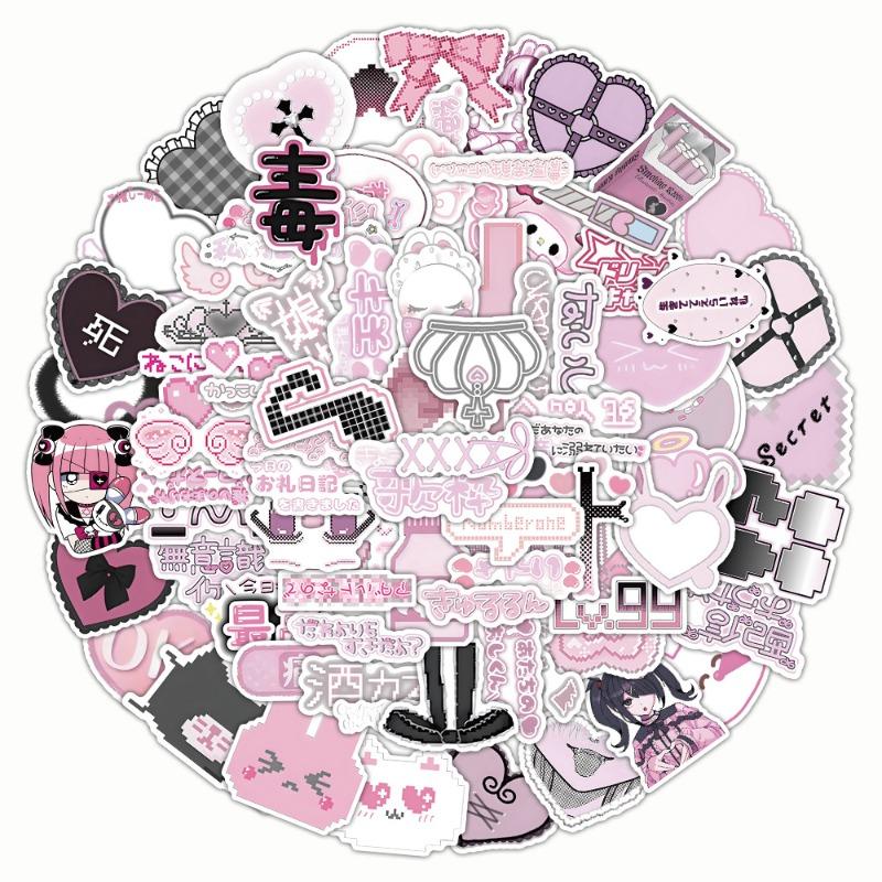 100 Sheets/set Black Pink Retro Japanese Stickers Cute Cartoon Aesthetic DIY Decals for Phone Laptop Vintage Scrapbook Supplies