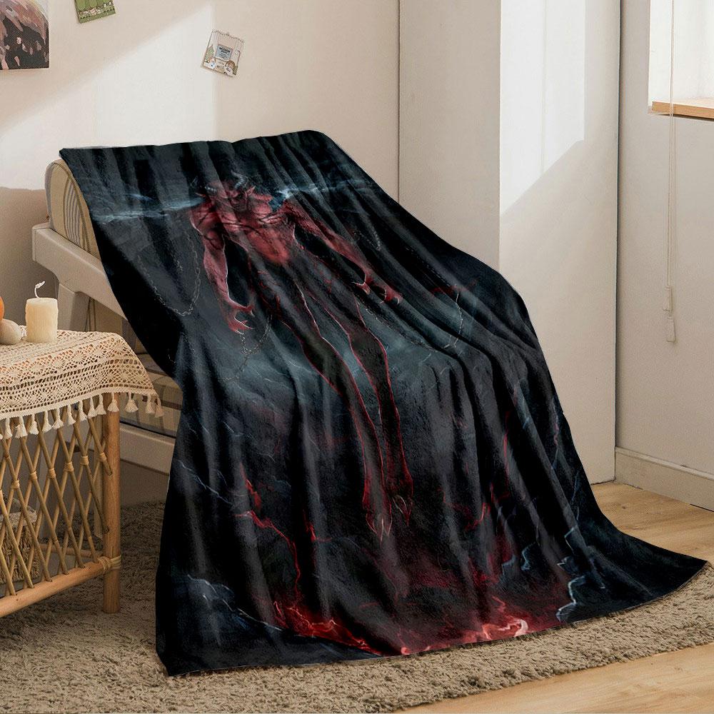 Dark demonic figure with horns, glowing cracks, chains, and fiery surroundings. for all seasons blanket lunch break throw gift