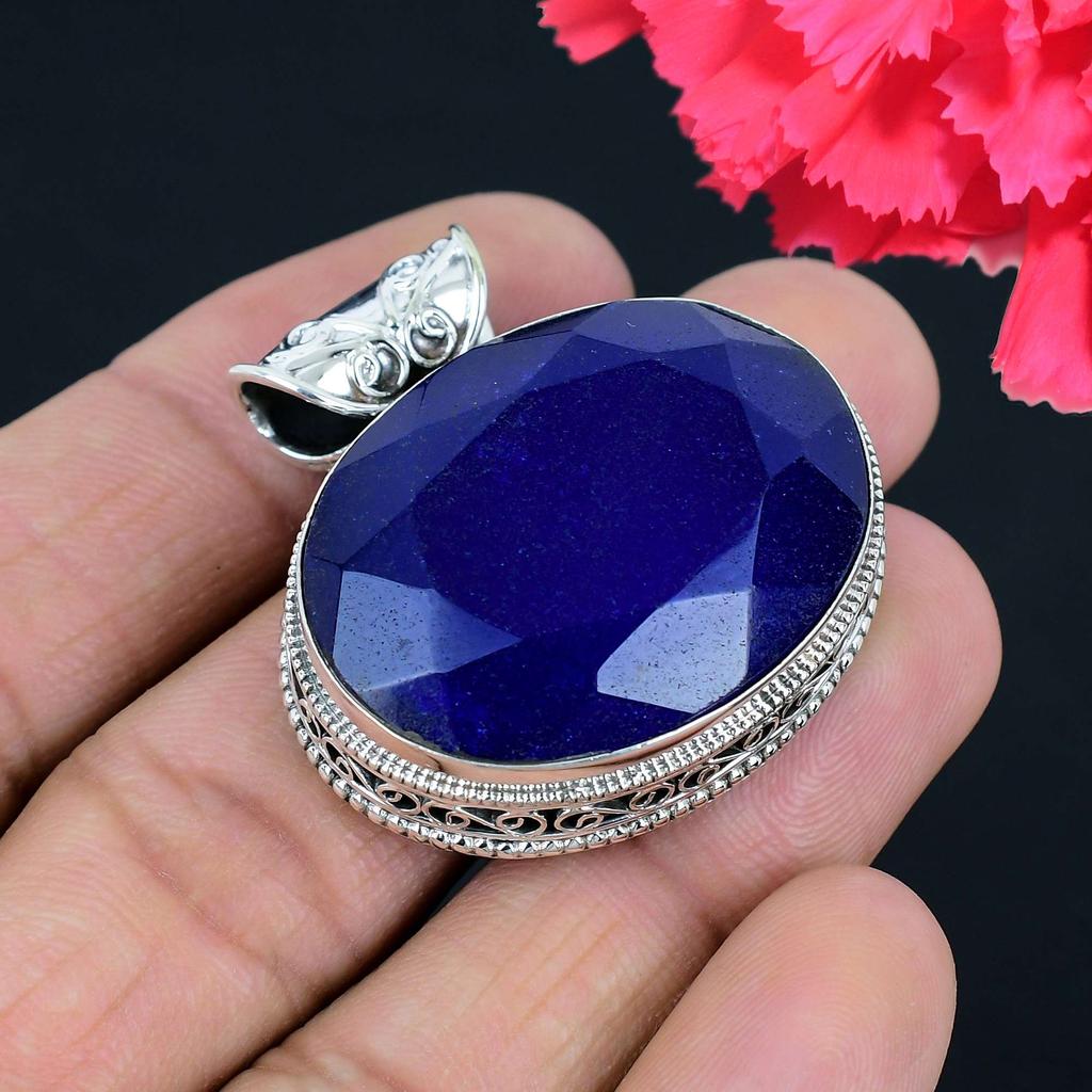 Подвеска из драгоценного камня с сапфиром, твердая подвеска из стерлингового серебра 925 пробы, ювелирный подарок для унисекс