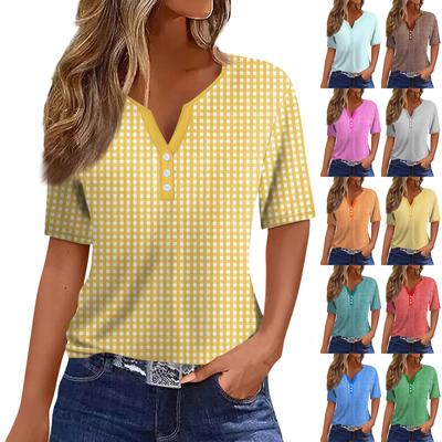 Женская мода повседневная однотонная клетчатая футболка с V-образным вырезом и коротким рукавом с декоративными пуговицами