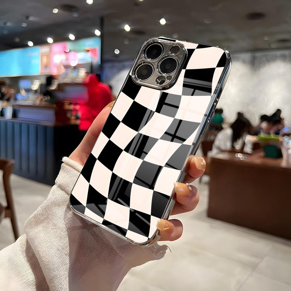 Чехол-шахматка C для iPhone 17 Pro Max 15 Pro 16 14 Plus 12 13 Mini 11 Pro, противоударный, гальванизированный, стеклянная крышка