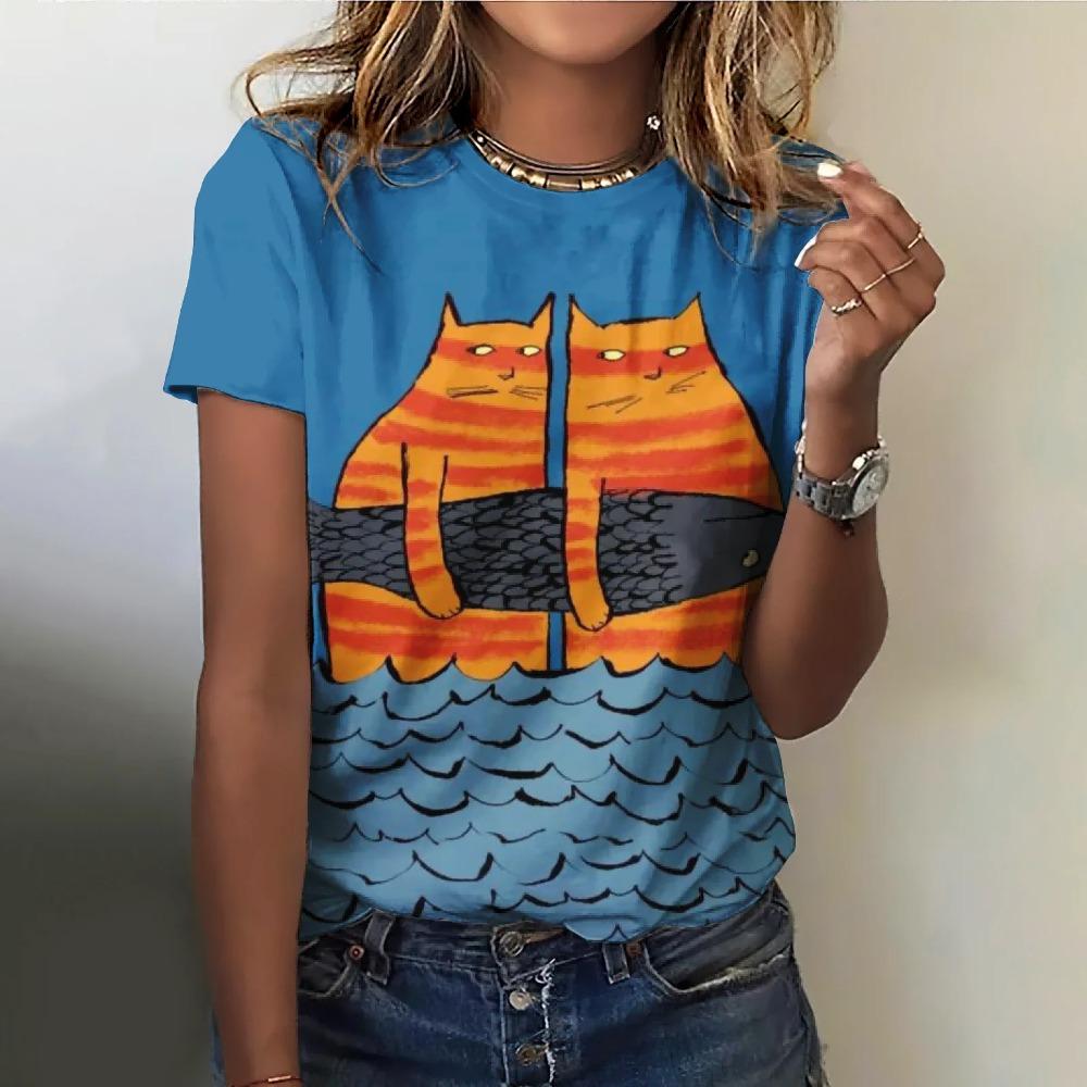 Fun and Cute Cat 3D Printed Women's Loose and Fashionable Round Neck Short Sleeved T-shirt