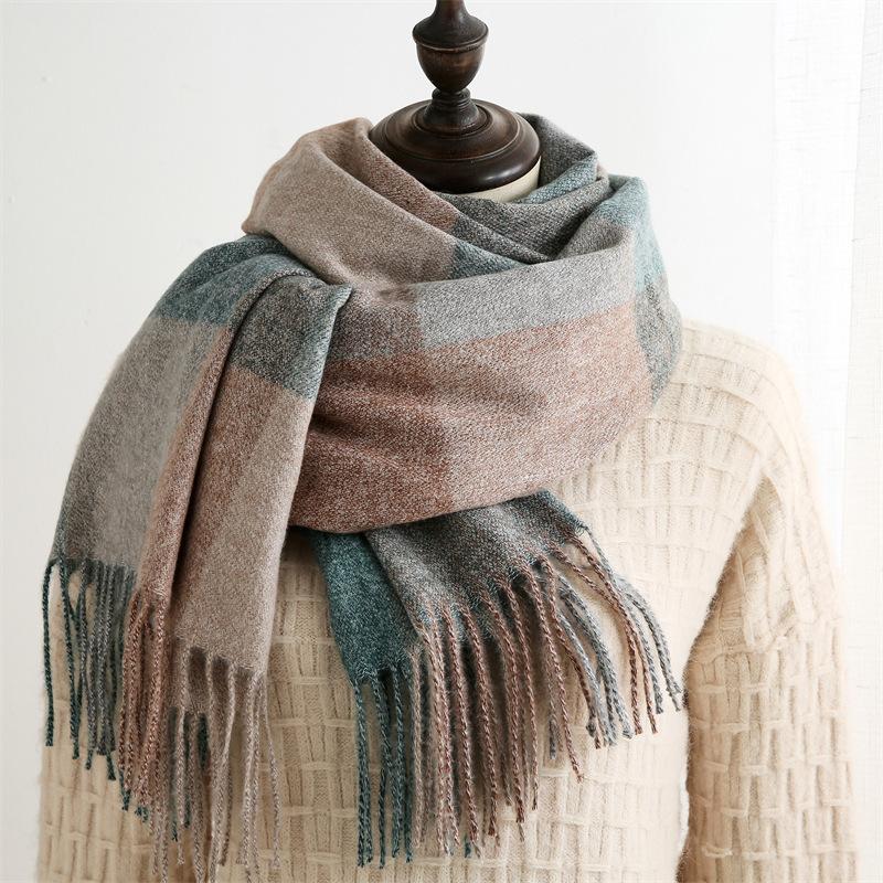 New Plaid Scarf for Women Japanese and Korean Sweet Imitation Cashmere Mid Length Colorful Plaid Scarf Shawl and Scarf