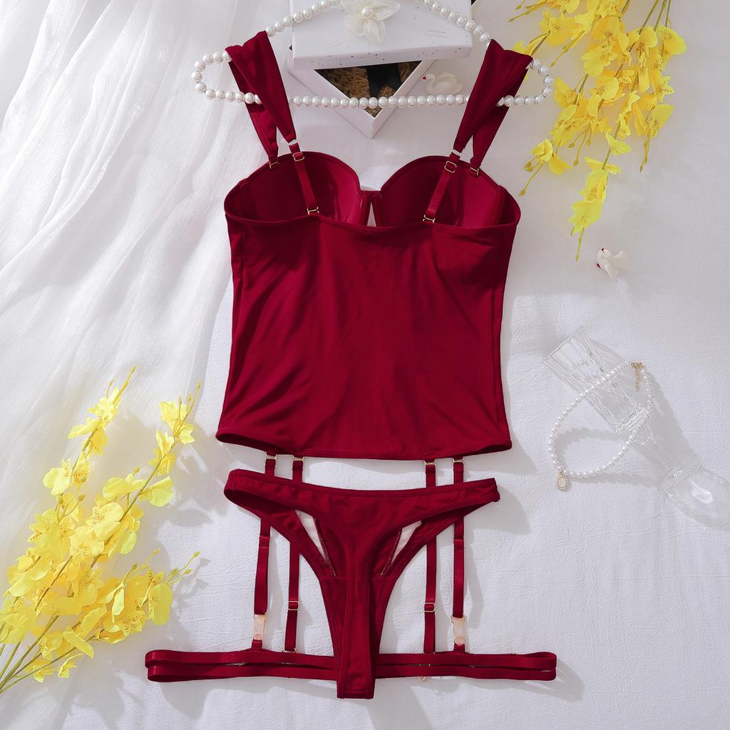 3 шт. Женский комплект нижнего белья Сексуальный бюстгальтер пуш-ап Французская сетка Дышащие топы на бретелях Бордовое нижнее белье Бюстгальтеры и стринги с ремешками для ног