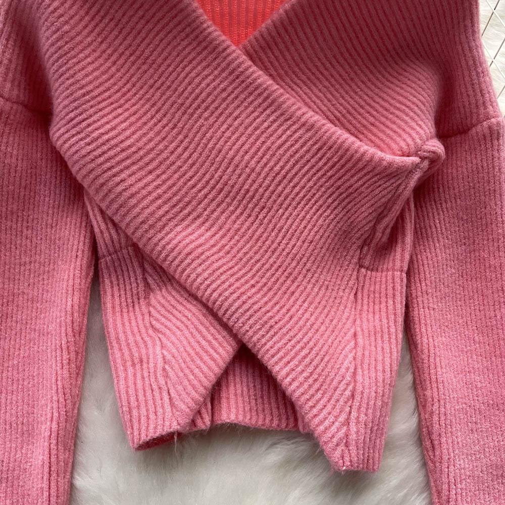 Осенне-зимний корейский свободный тонкий вязаный свитер с v-образным вырезом и нерегулярным ленивым ветром