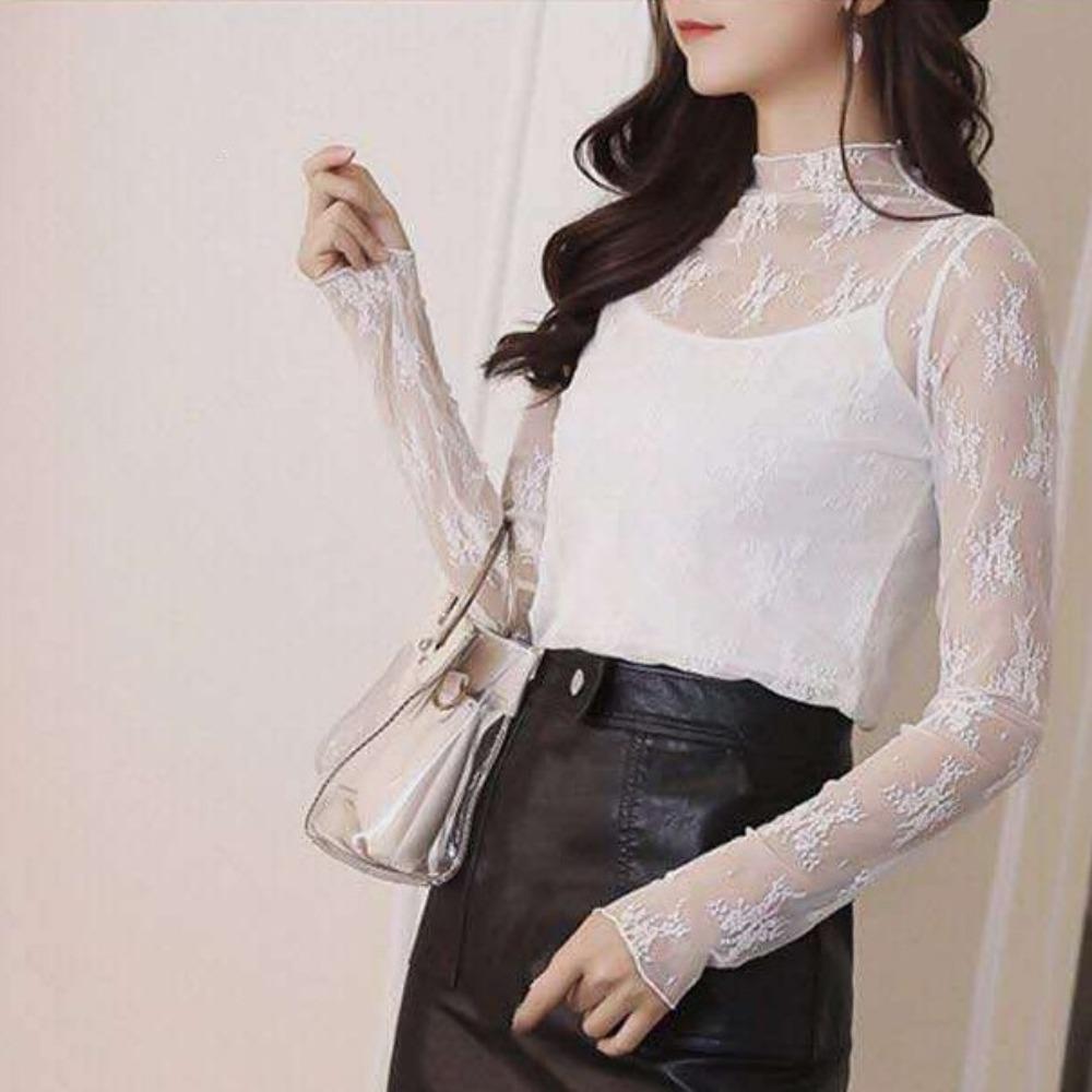 Hollow Lace Bottomed Blouse Long Sleeve See Through Tops Elegant Transparent T-shirt Girls