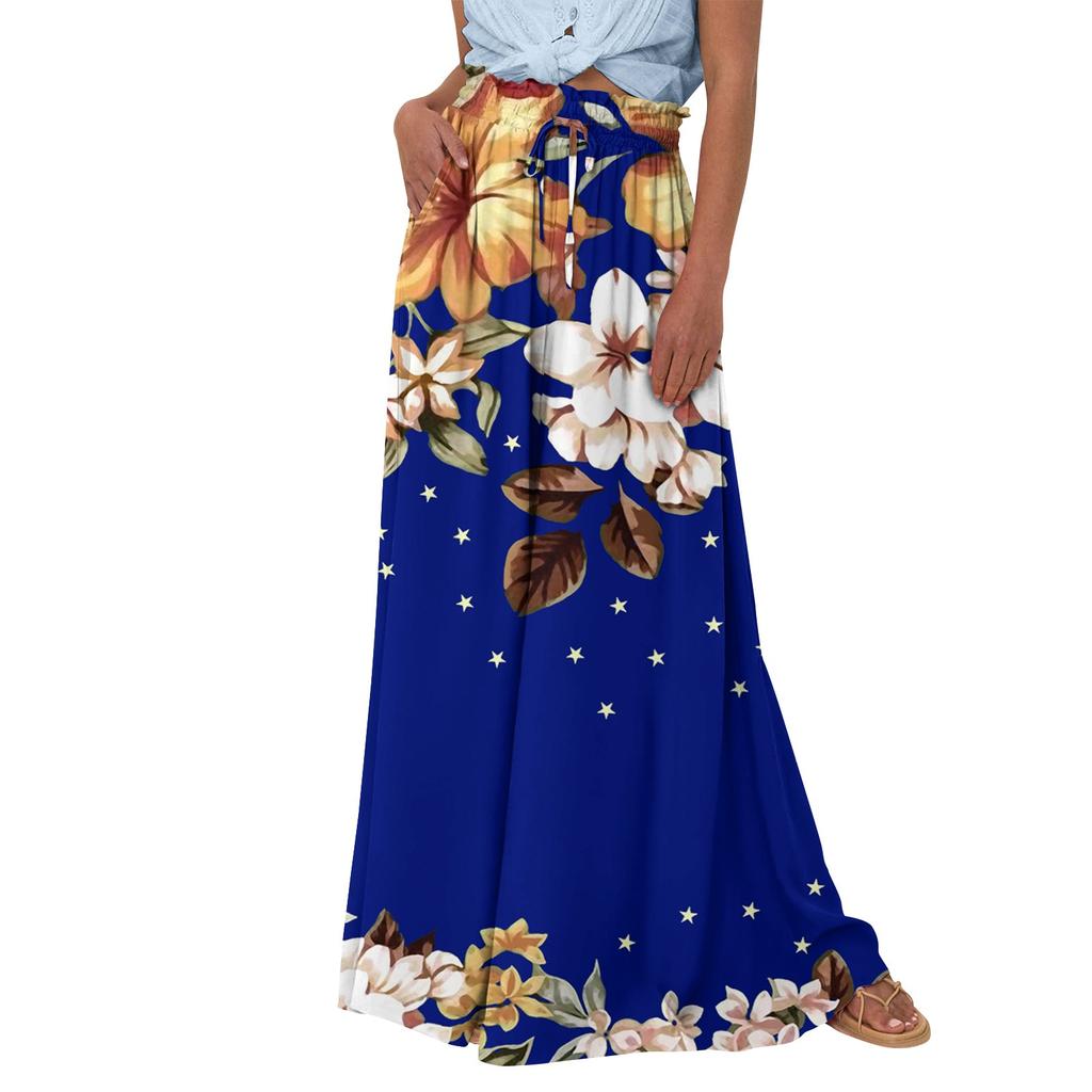 Женские широкие брюки с высокой талией, летние повседневные струящиеся брюки-палаццо, пляжные брюки с цветочным принтом и карманом