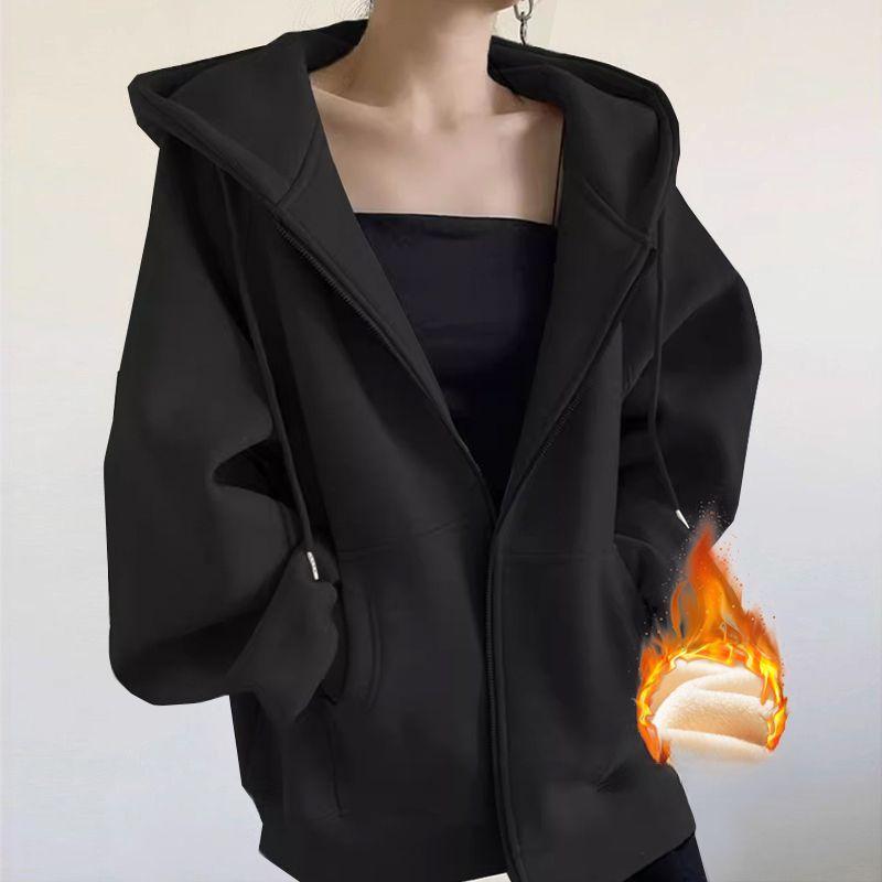 Осень-зима женская толстовка с капюшоном однотонная свободная толстовка с капюшоном женская корейская повседневная куртка на молнии