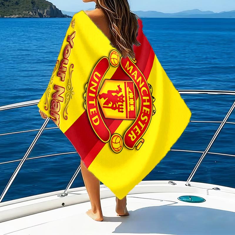 1pc M-Manchester Beach Towel with Custom Name, Beach and Seaside Swimming Pool Equipment, Fashion Pattern, Rectangular, Travel Essential