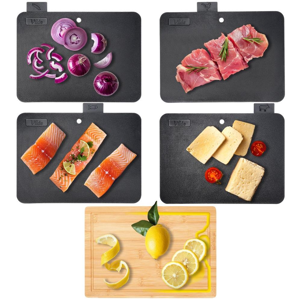 4x Plastic Kitchen Chopping Boards Set in Bamboo Stand