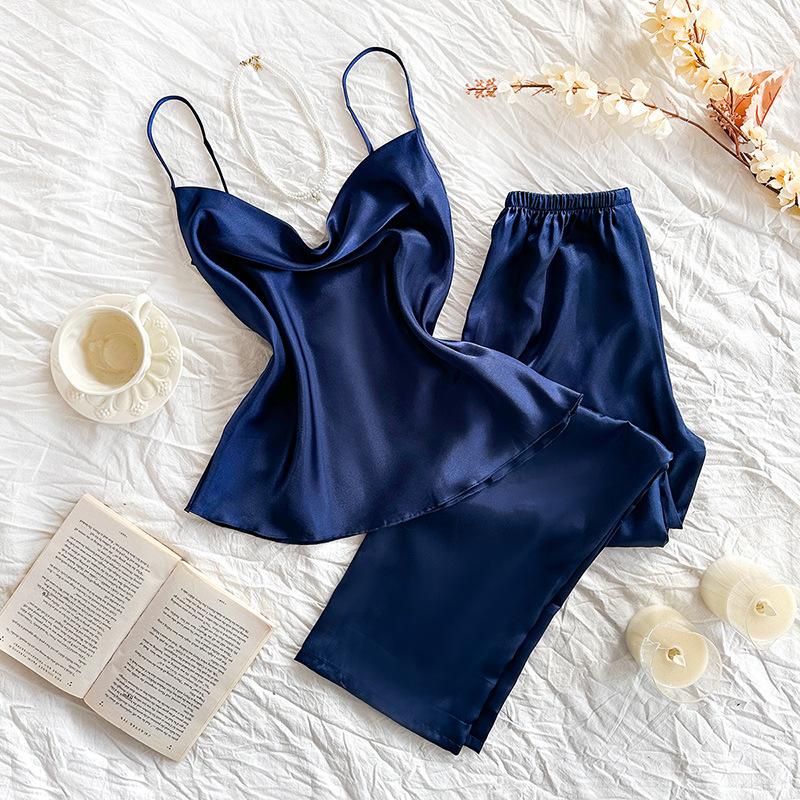 Пижама весна и лето подтяжки длинные брюки костюм мода сексуальный тонкий срез имитация шелка домашняя одежда