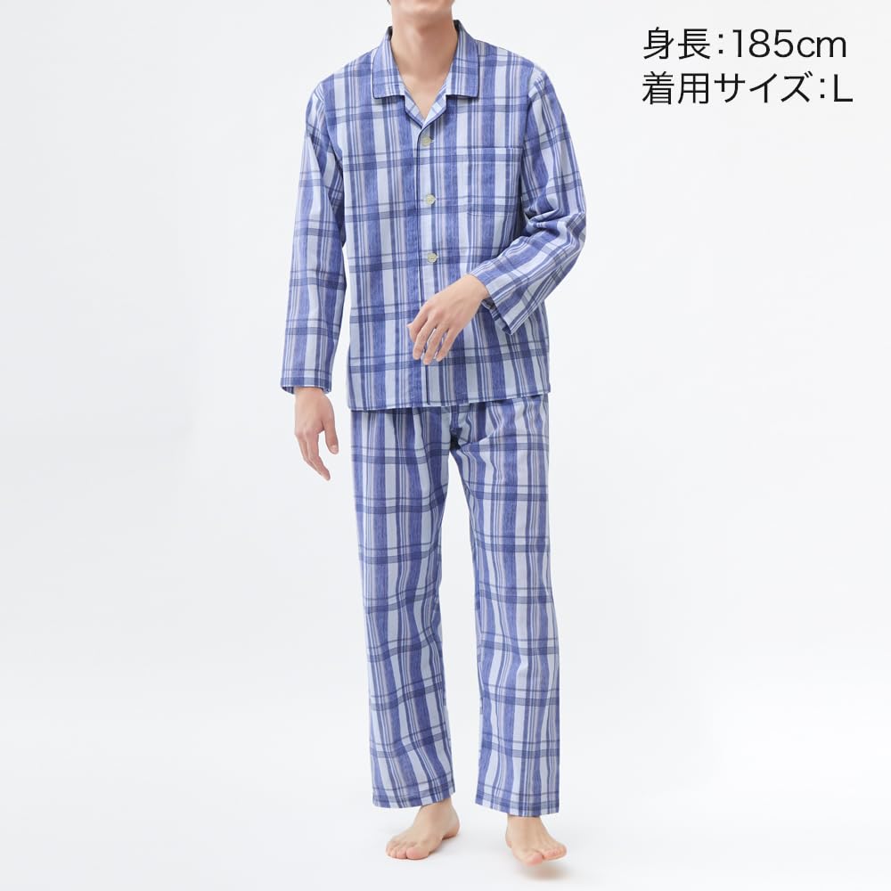 Gunze Хлопковый с длинным рукавом Натуральный темно-синий Размер S Мужской 100% Пижама, Влагоотводящая, Быстросохнущая, Брюки, Спереди на пуговицах, Креп, Влагоотводящая,