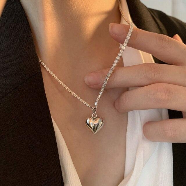 925 Sterling Silver Geometric Love Heart Zircon Chain Necklace Female Party Jewelry