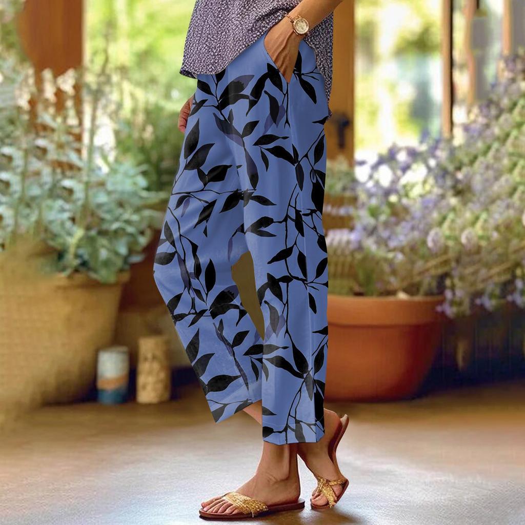 Women's Fashionable Floral Print Straight Leg Pocket Elastic Waist Casual Pants Pants