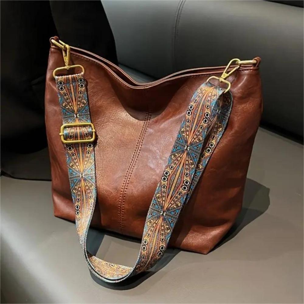 Bohemian Style Large Capacity Ladies Shoulder Bag, Vintage Wide Strap Crossbody Bag, Casual Commuter Bag