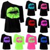 Women's 80s Nostalgic Big Lips Print One-Shoulder Mid-Sleeve T-shirt