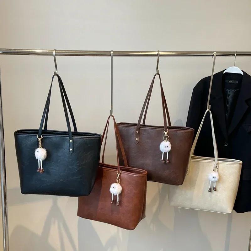 Solid Color Pu Zipper High-end Retro Shoulder Bag Women's  New Trendy Autumn Sewing Thread Large Capacity Tote Commuter Bag