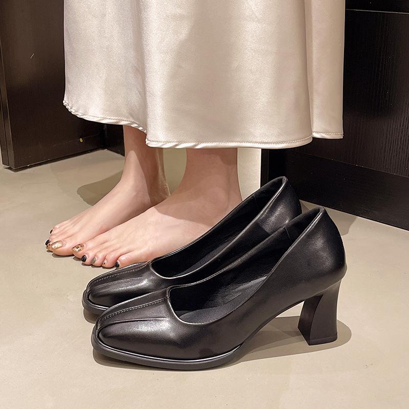 Осень новая французский квадратный носок светлый рот толстый каблук темперамент универсальный с юбкой туфли-лодочки на высоком каблуке