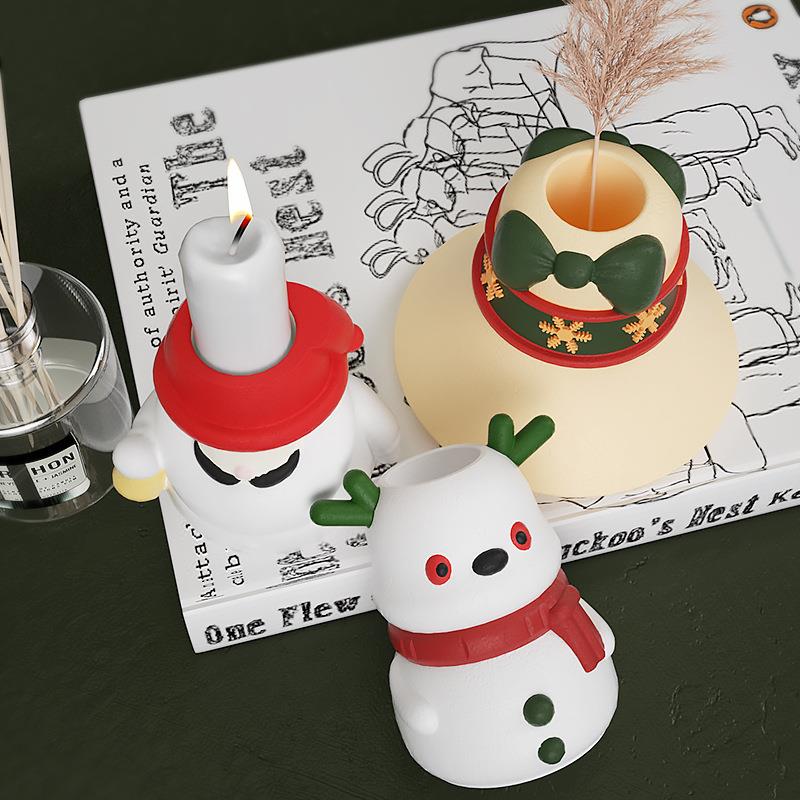 2Pcs Christmas Silicone Candlestick Mold Snowman Elk Craft Mould for Home Decor Christmas Bell Candle Holder Concrete Gypsum Pla