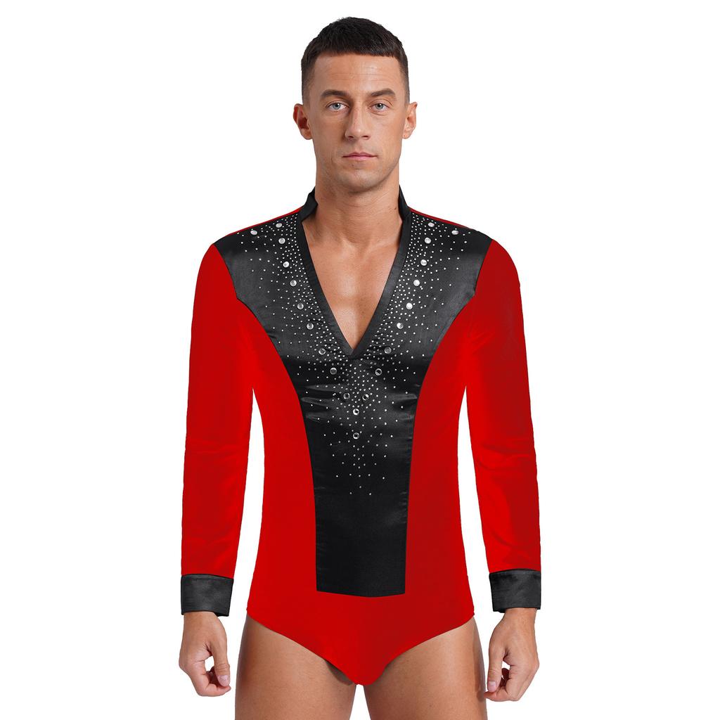 Mens Dance Leotard Glittery Rhinestones V Neck Design Long Sleeve Satin Patchwork Bodysuit
