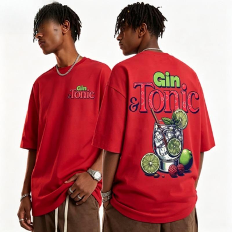 Unisexs Soft Cotton Crew Neck Short Sleeve Tshirt Gin Tonic Lime Fruit Cocktail Print Vintage Loose Fit Casual Daily Male Tee